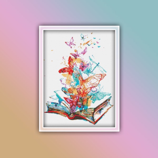 Book Cross Stitch Pattern 2 Instant PDF Download - Reading Watercolor Cross Stitch Pattern