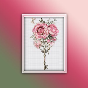 Rose Key Cross Stitch Pattern 2 Instant PDF Download - Roses Watercolor Cross Stitch Pattern - Key Cross Stitch Pattern