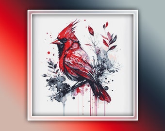 May include: A red cardinal bird with black accents perched on a branch with gray and white watercolor leaves and splatters.