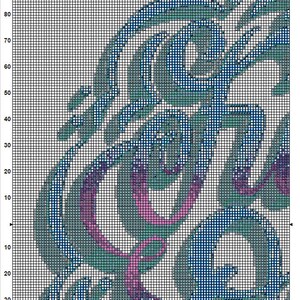 Pode incluir: Um padr&atilde;o de ponto cruz com um design abstrato colorido com redemoinhos azuis, verdes e rosa. O padr&atilde;o est&aacute; em uma grade com n&uacute;meros para facilitar a refer&ecirc;ncia.