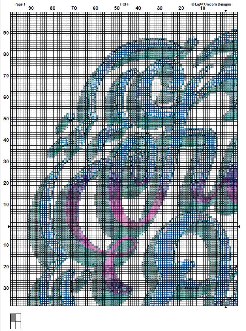Pode incluir: Um padr&atilde;o de ponto cruz com um design abstrato colorido com redemoinhos azuis, verdes e rosa. O padr&atilde;o est&aacute; em uma grade com n&uacute;meros para facilitar a refer&ecirc;ncia.