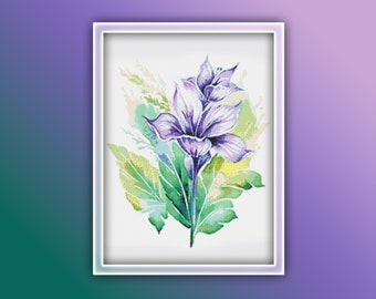 Purple Flower Cross Stitch Pattern 2 Instant PDF Download - Violet Flower Watercolor Cross Stitch Pattern