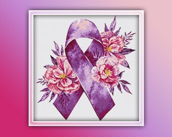 Cancer Cross Stitch Pattern 1 Instant PDF Download- Cancer Ribbon Watercolor Cross Stitch Pattern - Cancer Awareness