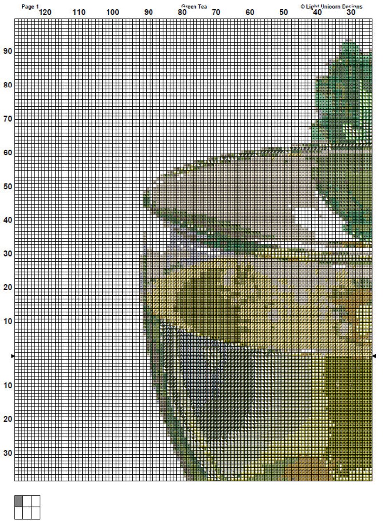 May include: A cross-stitch pattern for a green tea cup with a brown handle and a green tea leaf design. The pattern is on a white grid with black lines.