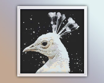 White Peacock Cross Stitch Pattern Instant PDF Download - Peacock Watercolor Cross Stitch Pattern - Bird Cross Stitch Pattern