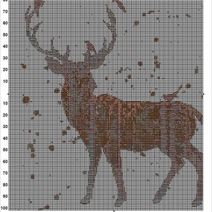 Peut inclure: Un mod&egrave;le de point de croix repr&eacute;sentant un cerf brun et blanc sur un fond quadrill&eacute;. Le motif repr&eacute;sente un cerf debout sur un fond blanc.