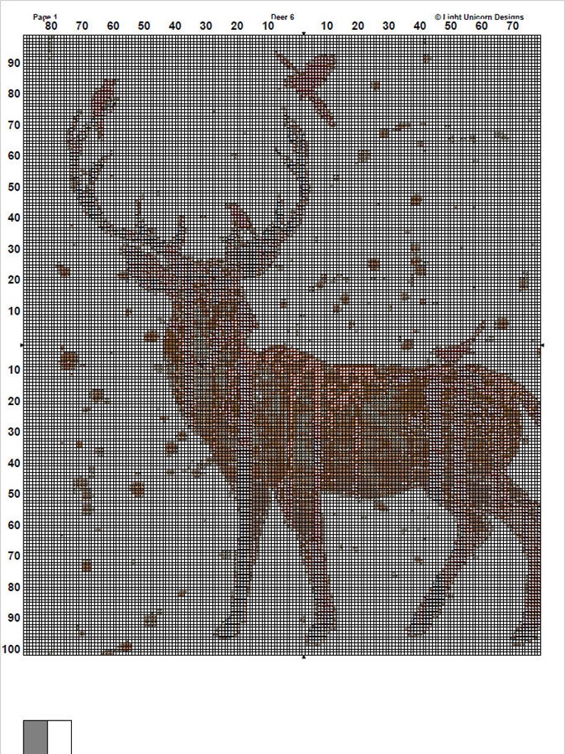 Peut inclure: Un mod&egrave;le de point de croix repr&eacute;sentant un cerf brun et blanc sur un fond quadrill&eacute;. Le motif repr&eacute;sente un cerf debout sur un fond blanc.