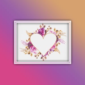 Floral Heart Cross Stitch Pattern Instant Download Instant PDF Download | Flowers Watercolor Pattern | Pink Roses | Gold Frame | Wreath