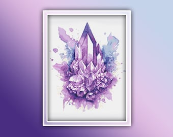 Amethyst Crystal Cross Stitch Pattern 1 Instant PDF Download - Crystal Watercolor Cross Stitch Pattern - Quartz - Purple Crystal