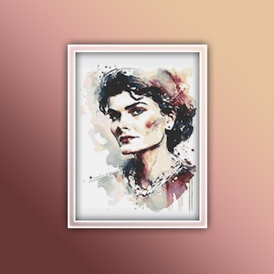 May include: A watercolor painting of a woman with dark hair and a pearl necklace. The background is a soft, abstract watercolor wash in shades of pink, blue, and brown.