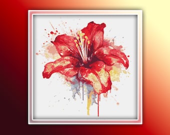 Patrón de punto de cruz de flor de Amaryllis 2 Descarga instantánea en PDF - Patrón de punto de cruz de acuarela de flor de Amaryllis