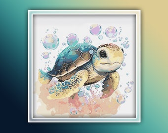 Patrón de punto de cruz de tortuga marina 10 Descarga instantánea en PDF - Patrón de costura de acuarela de tortuga marina bebé - Patrón de punto de cruz de animales del océano