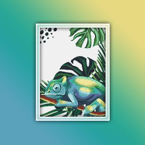Chameleon Cross Stitch Pattern 2 Instant PDF Download | Chameleon Watercolor Cross Stitch Pattern | Green Chameleon |