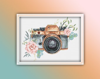 Camera Cross Stitch Pattern 2 Instant PDF Download - Camera Watercolor Cross Stitch Pattern