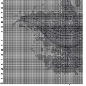 Op de afbeelding: Een zwart-wit pixel art ontwerp van een vogel met een lange snavel en een lange staart. Het ontwerp is op een raster met nummers langs de bovenkant en zijkant.