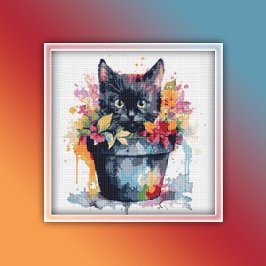 May include: A black cat sitting in a flower pot with colorful flowers and watercolors splattered around it.