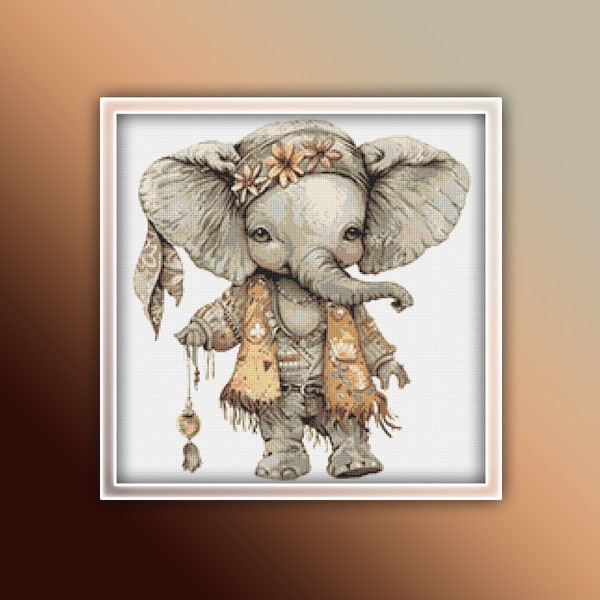 Hippie Elephant Cross Stitch Pattern 2 Instant PDF Download - Boho Elephant Watercolor Cross Stitch Pattern - Animal Cross Stitch