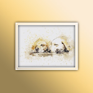 Może przedstawiać: Dwa psy rasy golden retriever śpią obok siebie. Psy są w stylu akwarelowym z białym tłem i brązowymi i żółtymi plamami farby.