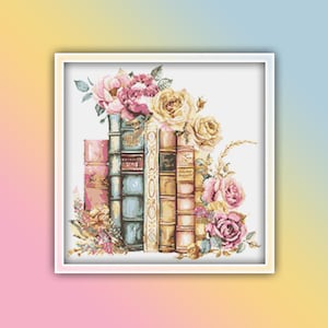 Books with Roses Cross Stitch Pattern 3 Instant PDF Download - Book Watercolor Cross Stitch Pattern - Reading Cross Stitch