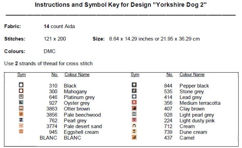 Puede incluir: Un gr&aacute;fico de punto de cruz para un dise&ntilde;o de perro Yorkshire. El gr&aacute;fico incluye una clave de s&iacute;mbolos con colores y n&uacute;meros de hilo DMC, junto con el conteo de la tela, el conteo de puntos y el tama&ntilde;o en pulgadas y cent&iacute;metros.