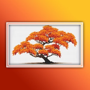 May include: A painting of a bonsai tree with orange leaves against a white background.