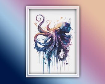 Octopus Cross Stitch Pattern 7 Instant PDF Download - Octopus Watercolor Cross Stitch Pattern - Animal Cross Stitch Pattern