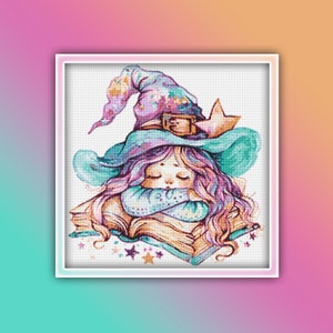 May include: A whimsical illustration of a young witch sleeping on a stack of books. She is wearing a teal and purple hat with a star on top and has long purple hair. The background is white with a scattering of stars.