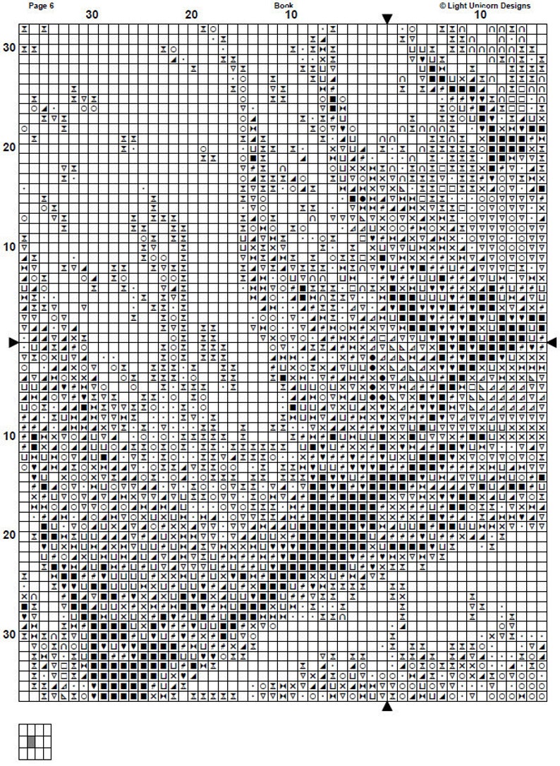 May include: Black and white cross stitch pattern chart with symbols for a design of a bird in flight. The chart is labeled "Page 6" and "Book 10".