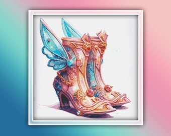 Fairy Tale Shoe Cross Stitch Pattern 6 Instant PDF Download - Lady Shoes Watercolor Cross Stitch Pattern - High Heel Boots Women Shoe