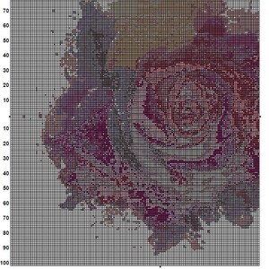 May include: A cross-stitch pattern for a colorful rose with a gradient of pink, purple, and blue. The pattern is on a grid with numbers for each row and column. The pattern is for a cross-stitch project.