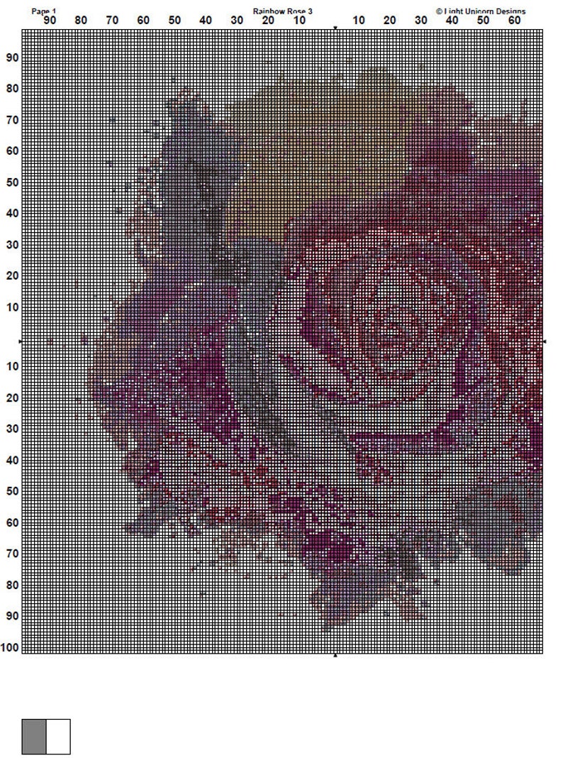 May include: A cross-stitch pattern for a colorful rose with a gradient of pink, purple, and blue. The pattern is on a grid with numbers for each row and column. The pattern is for a cross-stitch project.