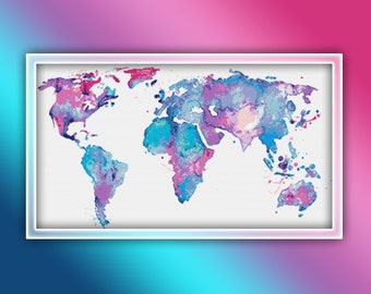 World Map Cross Stitch Pattern 2 Instant PDF Download - Earth Watercolor Cross Stitch Pattern