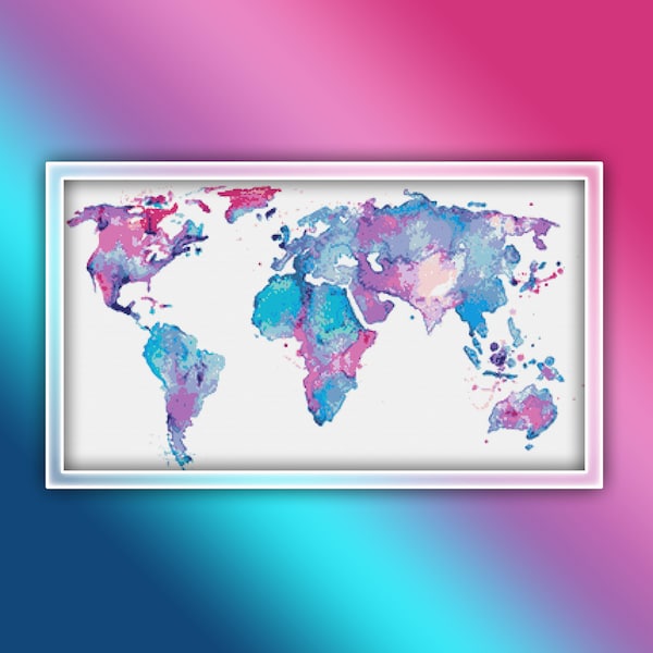 World Map Cross Stitch Pattern 2 Instant PDF Download - Earth Watercolor Cross Stitch Pattern