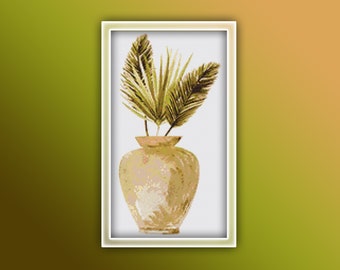 Boho Palm Leaves in Vase Cross Stitch Pattern 3 Instant PDF Download - Tropical Leaf Watercolor Cross Stitch Pattern - Palm Leaf