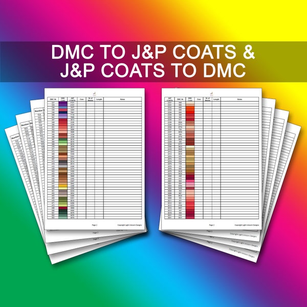 DMC to J&P COATS Conversion chart PDF Instant Download | Cross Stitch Chart | Inventory | Dmc Thread List | J and P Coats Thread List