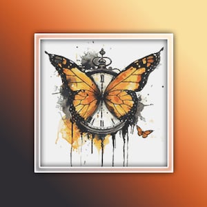 May include: A black and white clock face with a butterfly design. The butterfly is orange and black and has its wings spread out. The clock face is surrounded by a black frame and there are black paint splatters around it.
