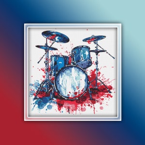 Drum Set Cross Stitch Pattern 1 Instant PDF Download - Rock Band Drums Watercolor Cross Stitch Pattern - Watercolor - Drummer