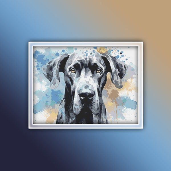 Great Dane Cross Stitch Pattern 3 Instant PDF Download - Great Dane Dog Watercolor Cross Stitch Pattern - Large Black Dog