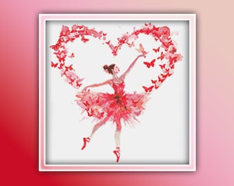 Ballerina Heart Cross Stitch Pattern 1 Instant PDF Download - Ballerina Watercolor Cross Stitch Pattern - Love Hearts Dancing Ballet