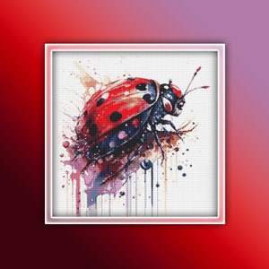 May include: A red and black ladybug with white spots is painted in a watercolour style with splashes of colour around it.