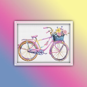 Patrón de punto de cruz de bicicleta 3 Descarga instantánea en PDF - Patrón de punto de cruz de acuarela de bicicleta de flores