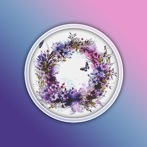 Lavender Wreath Cross Stitch Pattern 4 Instant PDF Download | Flower Lavender Watercolor Cross Stitch Pattern | Purple Flowers |
