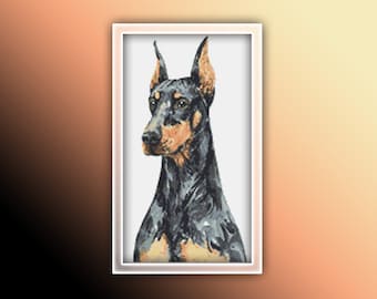 May include: A black and tan Doberman Pinscher with cropped ears, looking to the left. The dog is depicted in a realistic style with detailed fur and a white background.