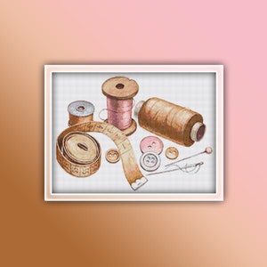 Sewing Cross Stitch Pattern 1 Instant PDF Download - Needles and Thread Watercolor Cross Stitch Pattern - Buttons - Measuring Tape - Pins