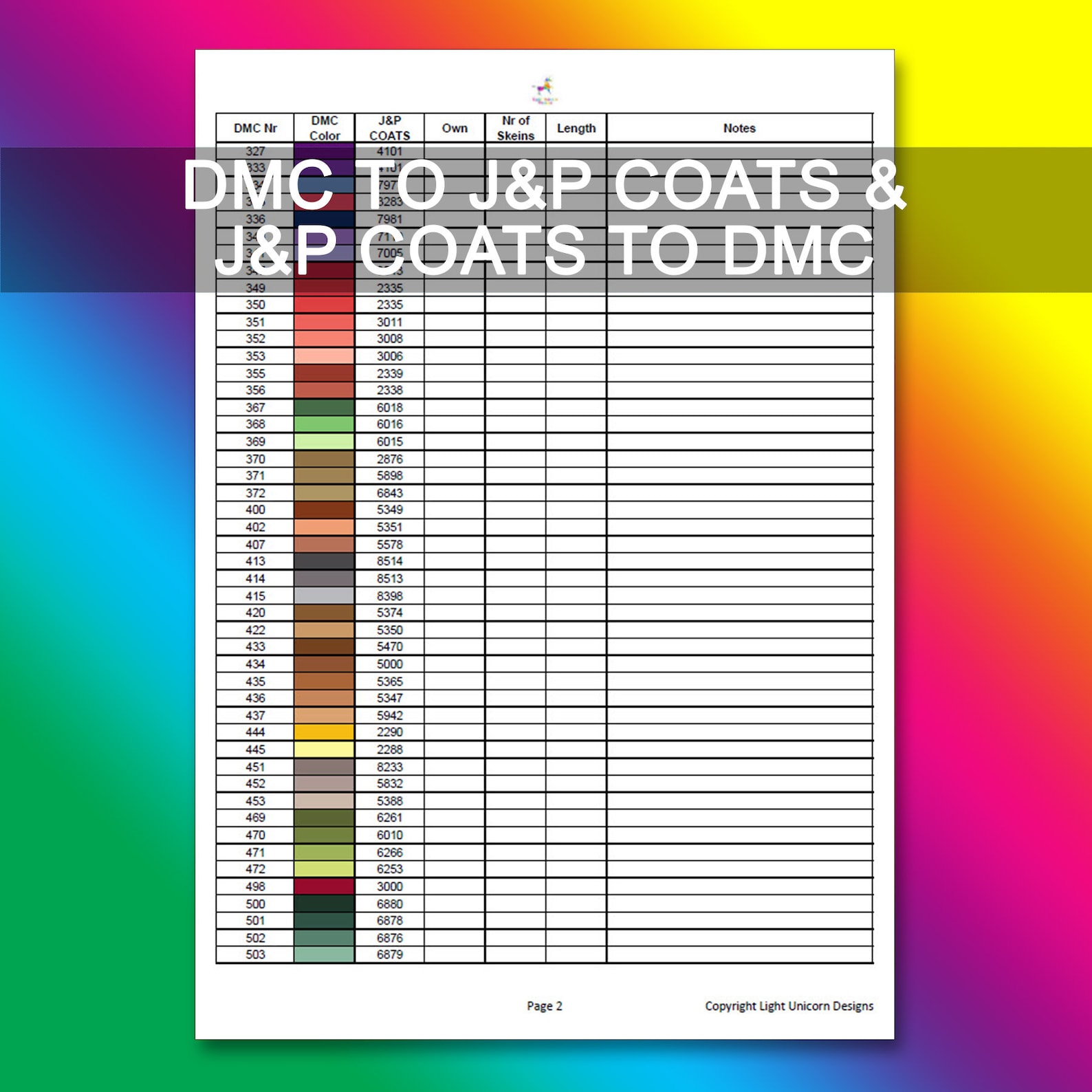 Dmc to j p coats conversion chart pdf instant download cross etsy