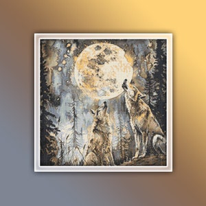 May include: Two wolves howl at a full moon in a forest setting. The moon is bright and yellow, and the wolves are silhouetted against it. The forest is dark and mysterious, with trees and branches reaching up towards the sky.