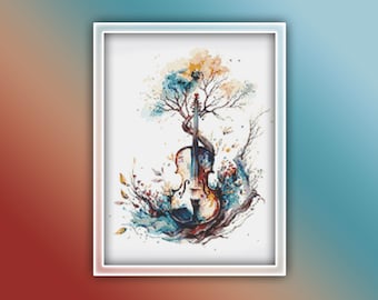 Violin Cross Stitch Pattern 6 Instant PDF Download - Violin Musical Instrument Watercolor Cross Stitch Pattern - Watercolor Violin - Music