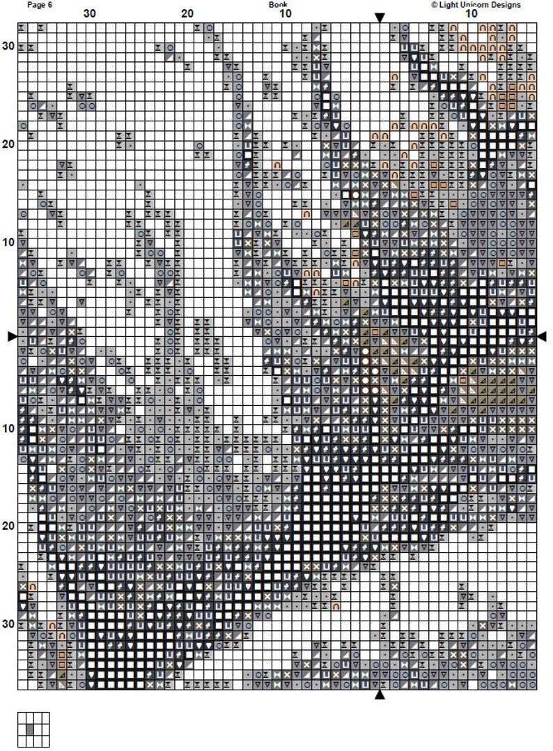 May include: A black and white cross stitch pattern with a variety of gray, white, and black squares. The pattern is on a white background with a grid of 30 squares by 30 squares. The pattern is labeled "Page 6" and "Book 10".
