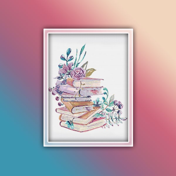 Flower Books Cross Stitch Pattern 1 Instant PDF Download - Reading Watercolor Cross Stitch Pattern