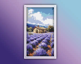 Lavendel boerderij kruissteekpatroon 1 Instant pdf-download - Flower Farm aquarel kruissteekpatroon - House on Farm